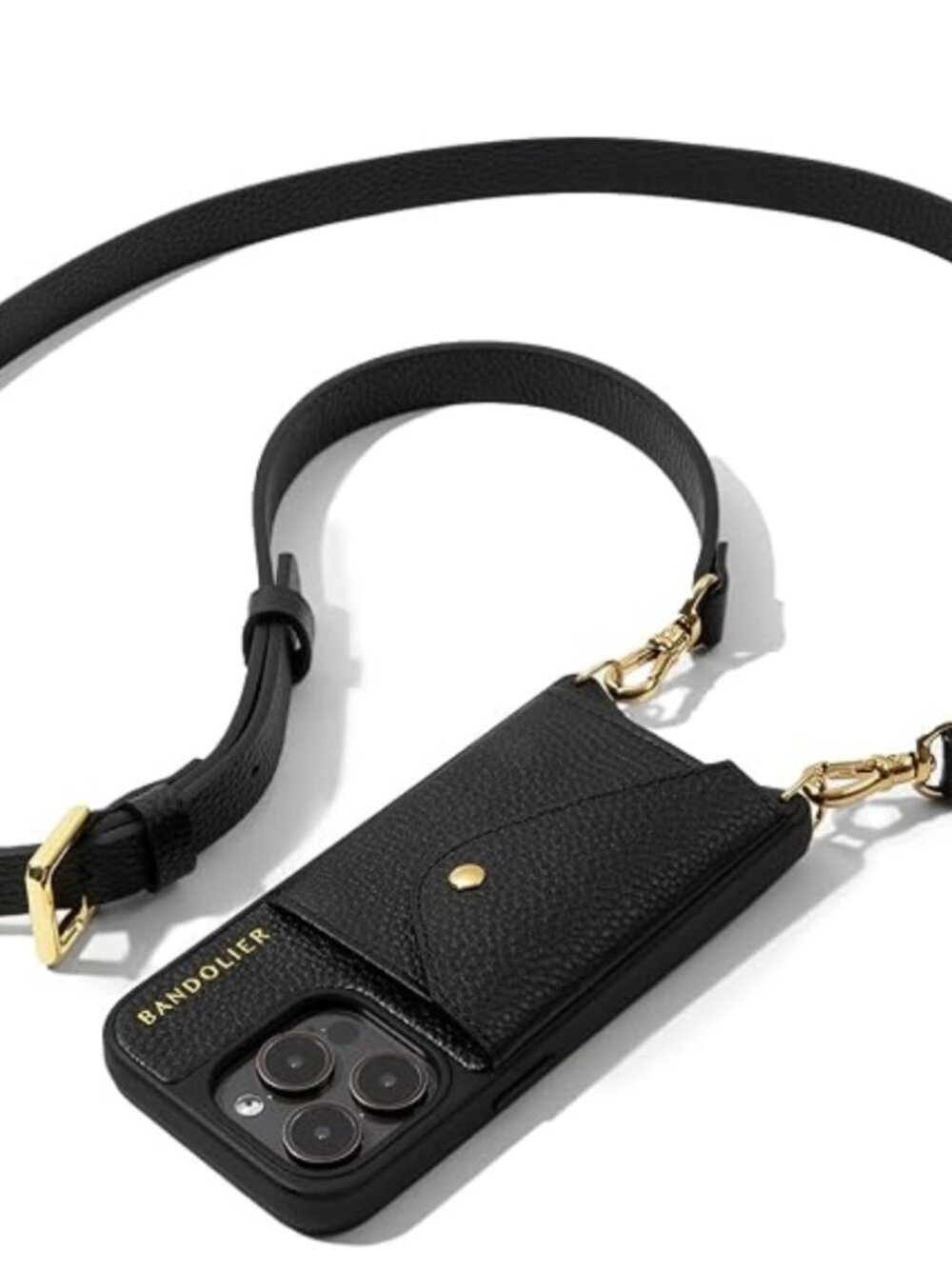 BANDOLIER Hailey Leather Crossbody Phone Case iPhone 15 Pro - Black / Gold - NIB